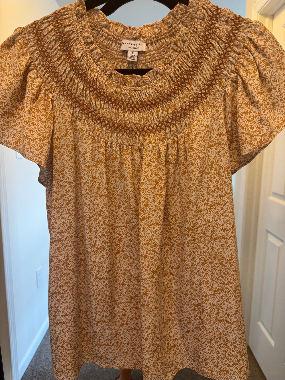 Current/Elliott Mustard Yellow Floral Smocked Neck Tunic